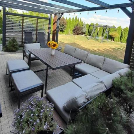 Metalowy narożnik ogrodowy 280x220cm ze stołem 160cm i fotelem Panaon LG