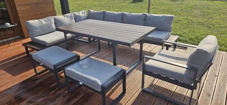 Metalowy narożnik ogrodowy 280x220cm ze stołem 160cm i fotelem Panaon LG