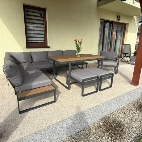 Metalowy narożnik ogrodowy 280x220cm ze stołem obiadowym i fotelem Panaon Grey Teak