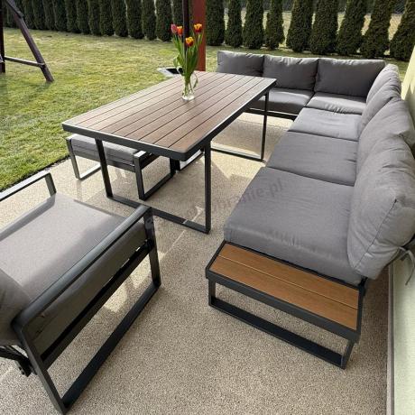 Metalowy narożnik ogrodowy 280x220cm ze stołem obiadowym i fotelem Panaon Grey Teak