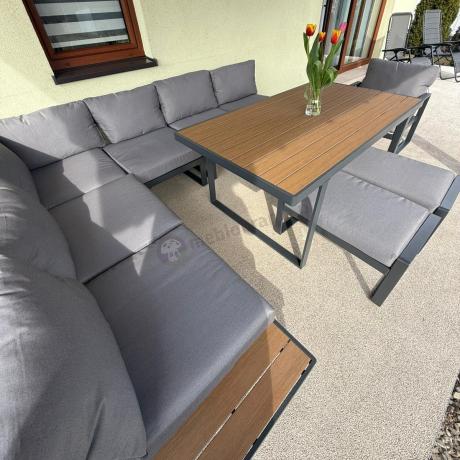 Metalowy narożnik ogrodowy 280x220cm ze stołem obiadowym i fotelem Panaon Grey Teak