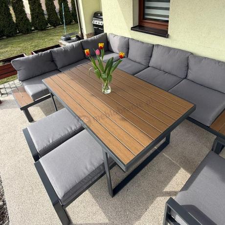 Metalowy narożnik ogrodowy 280x220cm ze stołem obiadowym i fotelem Panaon Grey Teak