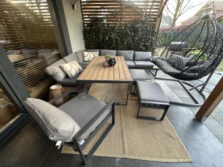 Metalowy narożnik ogrodowy 280x220cm ze stołem obiadowym i fotelem Panaon Grey Teak
