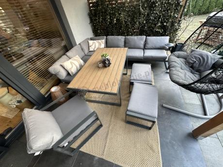 Metalowy narożnik ogrodowy 280x220cm ze stołem obiadowym i fotelem Panaon Grey Teak