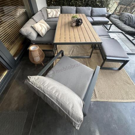 Metalowy narożnik ogrodowy 280x220cm ze stołem obiadowym i fotelem Panaon Grey Teak
