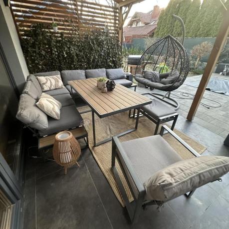 Metalowy narożnik ogrodowy 280x220cm ze stołem obiadowym i fotelem Panaon Grey Teak