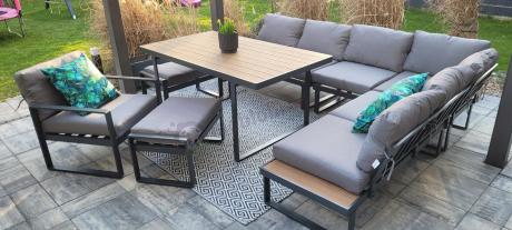 Metalowy narożnik ogrodowy 280x220cm ze stołem obiadowym i fotelem Panaon Grey Teak