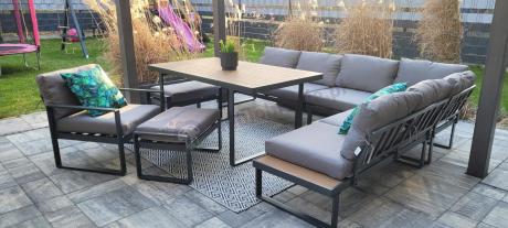 Metalowy narożnik ogrodowy 280x220cm ze stołem obiadowym i fotelem Panaon Grey Teak
