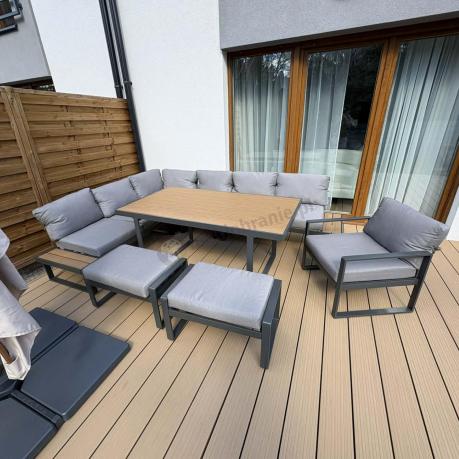 Metalowy narożnik ogrodowy 280x220cm ze stołem obiadowym i fotelem Panaon Grey Teak