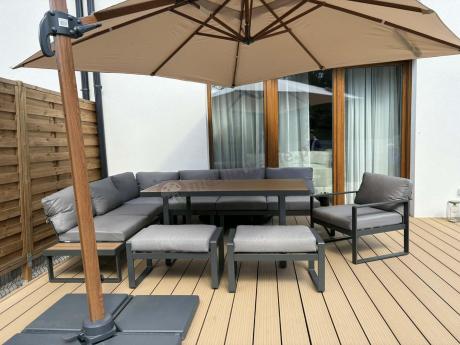 Metalowy narożnik ogrodowy 280x220cm ze stołem obiadowym i fotelem Panaon Grey Teak