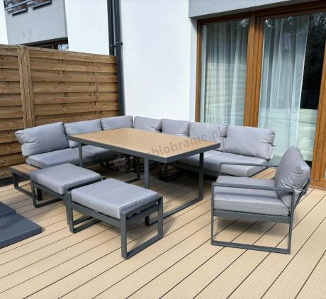 Metalowy narożnik ogrodowy 280x220cm ze stołem obiadowym i fotelem Panaon Grey Teak