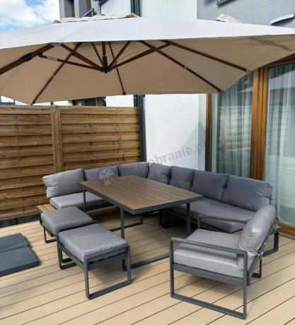 Metalowy narożnik ogrodowy 280x220cm ze stołem obiadowym i fotelem Panaon Grey Teak