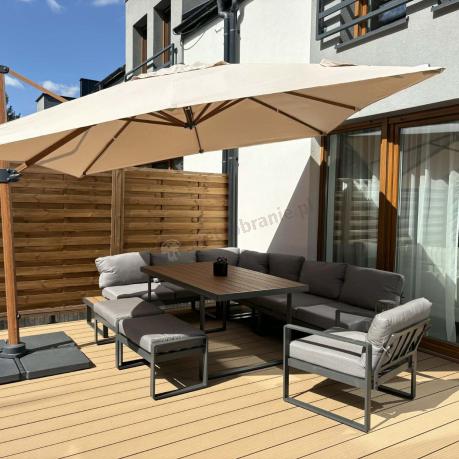 Metalowy narożnik ogrodowy 280x220cm ze stołem obiadowym i fotelem Panaon Grey Teak