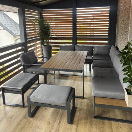 Metalowy narożnik ogrodowy 280x220cm ze stołem obiadowym i fotelem Panaon Grey Teak