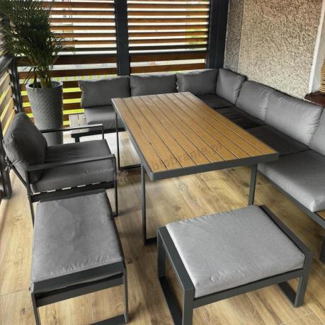 Metalowy narożnik ogrodowy 280x220cm ze stołem obiadowym i fotelem Panaon Grey Teak