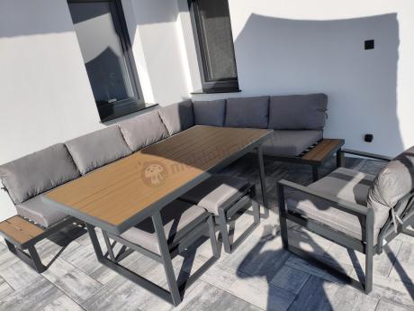 Metalowy narożnik ogrodowy 280x220cm ze stołem obiadowym i fotelem Panaon Grey Teak