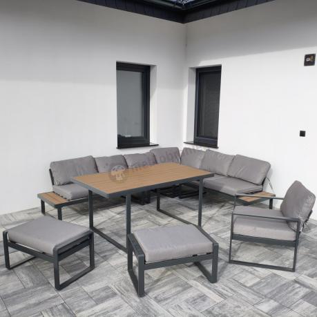 Metalowy narożnik ogrodowy 280x220cm ze stołem obiadowym i fotelem Panaon Grey Teak