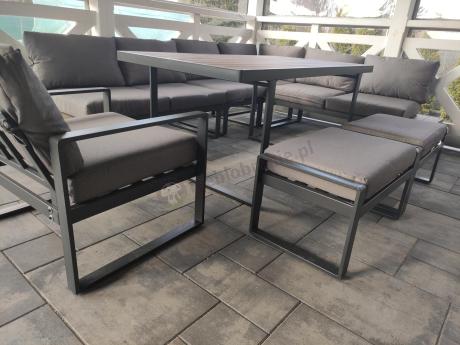 Metalowy narożnik ogrodowy 280x220cm ze stołem obiadowym i fotelem Panaon Grey Teak
