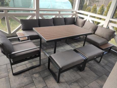 Metalowy narożnik ogrodowy 280x220cm ze stołem obiadowym i fotelem Panaon Grey Teak