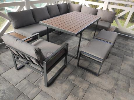 Metalowy narożnik ogrodowy 280x220cm ze stołem obiadowym i fotelem Panaon Grey Teak