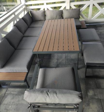 Metalowy narożnik ogrodowy 280x220cm ze stołem obiadowym i fotelem Panaon Grey Teak