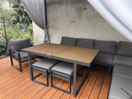 Metalowy narożnik ogrodowy 280x220cm ze stołem obiadowym i fotelem Panaon Grey Teak