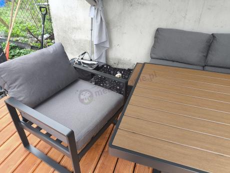 Metalowy narożnik ogrodowy 280x220cm ze stołem obiadowym i fotelem Panaon Grey Teak