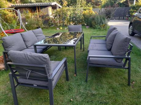 Metalowy zestaw mebli na taras dla 8 osób Sodor Grande - Dark Grey