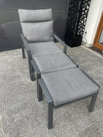 Metalowy zestaw mebli ogrodowych z wysokim oparciem dla 7 osób Doros Dining + pufy - Dark Grey