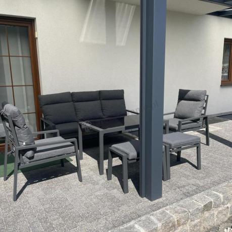Metalowy zestaw mebli ogrodowych z wysokim oparciem dla 7 osób Doros Dining + pufy - Dark Grey