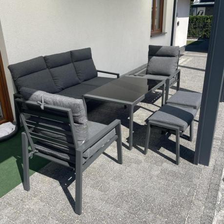 Metalowy zestaw mebli ogrodowych z wysokim oparciem dla 7 osób Doros Dining + pufy - Dark Grey