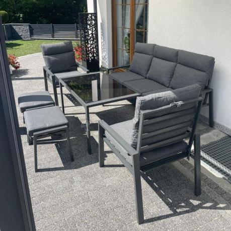 Metalowy zestaw mebli ogrodowych z wysokim oparciem dla 7 osób Doros Dining + pufy - Dark Grey