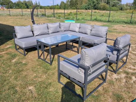 Modułowe meble narożne ogrodowe z wysokim stołem i dwoma fotelami Trapeno 6 modułów