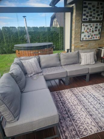 Modułowe meble narożne ogrodowe z wysokim stołem i dwoma fotelami Trapeno 6 modułów