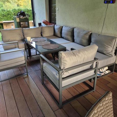 Modułowe meble narożne ogrodowe z wysokim stołem i dwoma fotelami Trapeno 6 modułów