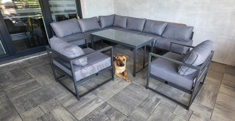 Modułowe meble narożne ogrodowe z wysokim stołem i dwoma fotelami Trapeno 6 modułów