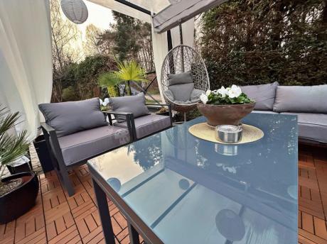 Modułowe meble narożne ogrodowe z wysokim stołem i dwoma fotelami Trapeno 6 modułów