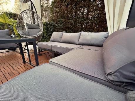 Modułowe meble narożne ogrodowe z wysokim stołem i dwoma fotelami Trapeno 6 modułów