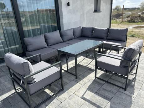 Modułowe meble narożne ogrodowe z wysokim stołem i dwoma fotelami Trapeno 6 modułów
