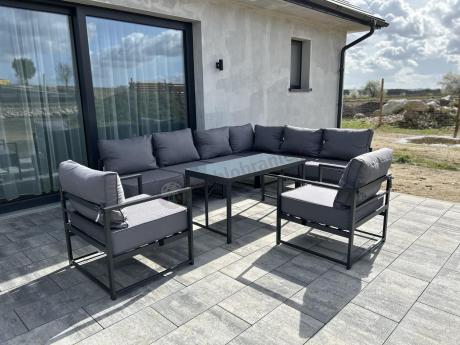 Modułowe meble narożne ogrodowe z wysokim stołem i dwoma fotelami Trapeno 6 modułów