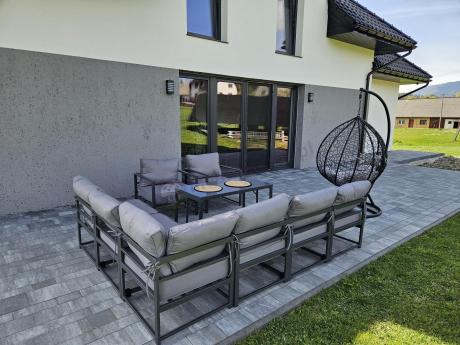 Modułowe meble narożne ogrodowe z wysokim stołem i dwoma fotelami Trapeno 6 modułów