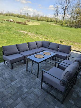 Modułowe meble narożne ogrodowe z wysokim stołem i dwoma fotelami Trapeno 6 modułów