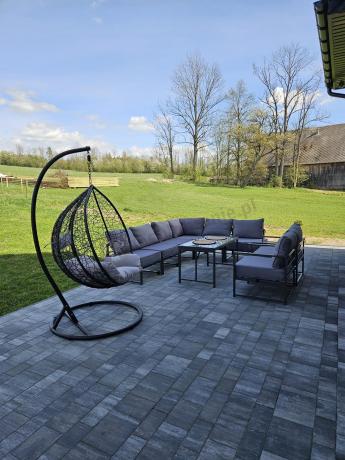 Modułowe meble narożne ogrodowe z wysokim stołem i dwoma fotelami Trapeno 6 modułów