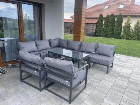 Modułowe meble narożne ogrodowe z wysokim stołem i dwoma fotelami Trapeno 6 modułów