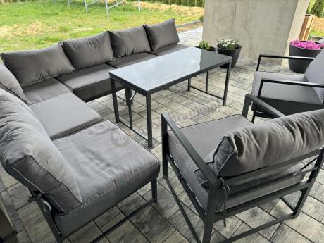 Modułowe meble narożne ogrodowe z wysokim stołem i dwoma fotelami Trapeno 6 modułów