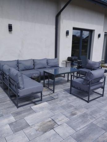 Modułowe meble narożne ogrodowe z wysokim stołem i dwoma fotelami Trapeno 6 modułów