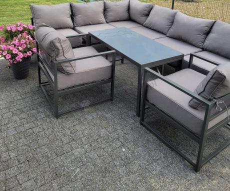Modułowe meble narożne ogrodowe z wysokim stołem i dwoma fotelami Trapeno 6 modułów