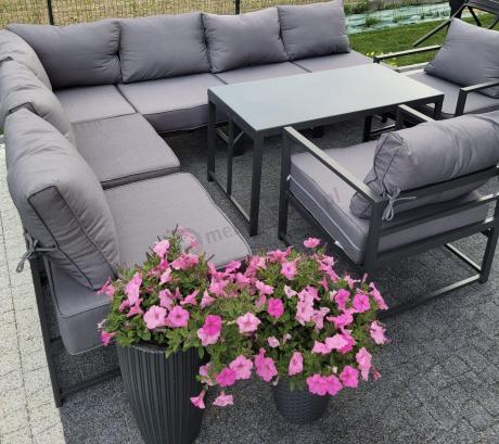 Modułowe meble narożne ogrodowe z wysokim stołem i dwoma fotelami Trapeno 6 modułów