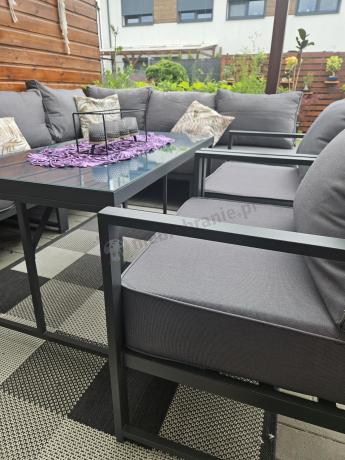 Modułowe meble narożne ogrodowe z wysokim stołem i dwoma fotelami Trapeno 6 modułów