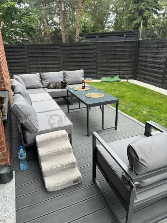 Modułowe meble narożne ogrodowe z wysokim stołem i dwoma fotelami Trapeno 6 modułów